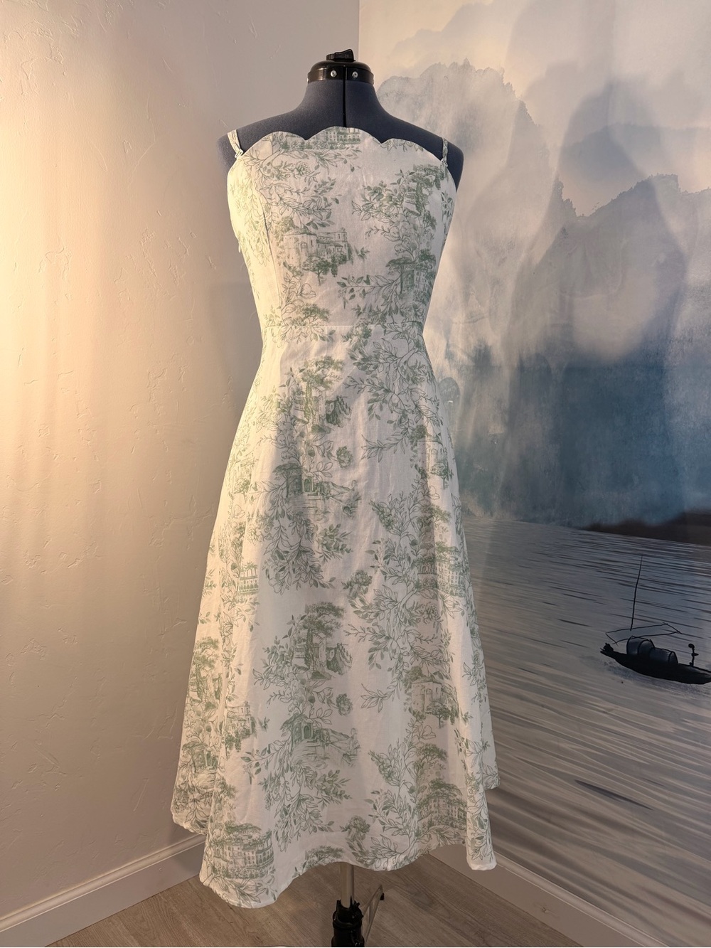 Classic Green Toile A-Line Dress 217
